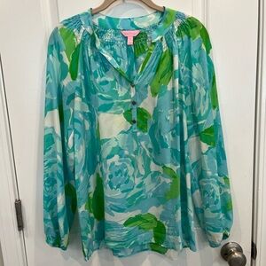 Lilly Pulitzer Blue First Impressions Elsa Top Floral Poolside Blue Silk Small